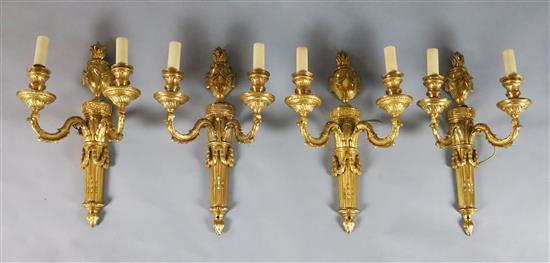 A set of four Adam revival ormolu twin branch wall lights, width 11in. height 18.5in